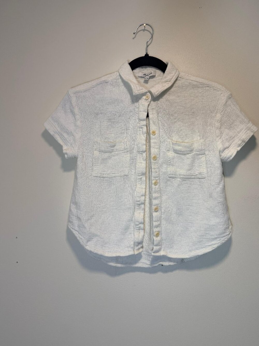 XXS Madewell Ivory Waffle Linen Blend Crop Shirt Short Sleeve Top